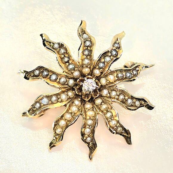 Vintage Gold Jewelry - Vintage 10K Seed Pearl Diamond Victorian Sun Star Brooch
